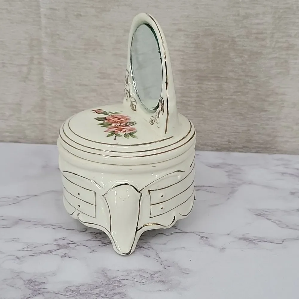 Jewelry Trinket Box Dresser Vanity with Mirror Vintage Floral Cream